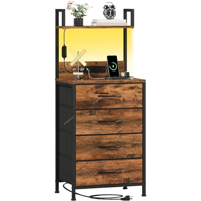 

Black Nightstand Charging Station LED Lights Bedside Table Tall 4 Fabric Drawers Top Shelf for Bedroom Guest Room Dorm Hallway