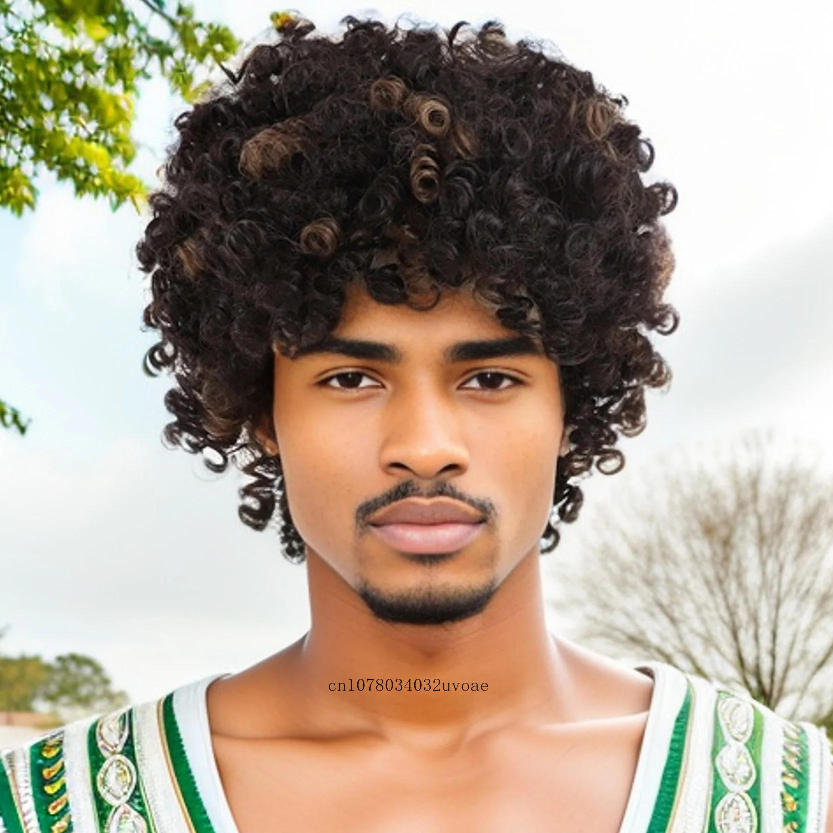 Synthetic Curly Wigs for Men Mix Brown Afro Wig Male Guys Kinky Curls Highlight Thick Fluffy Hair Replacement Wigs Cosplay Coser