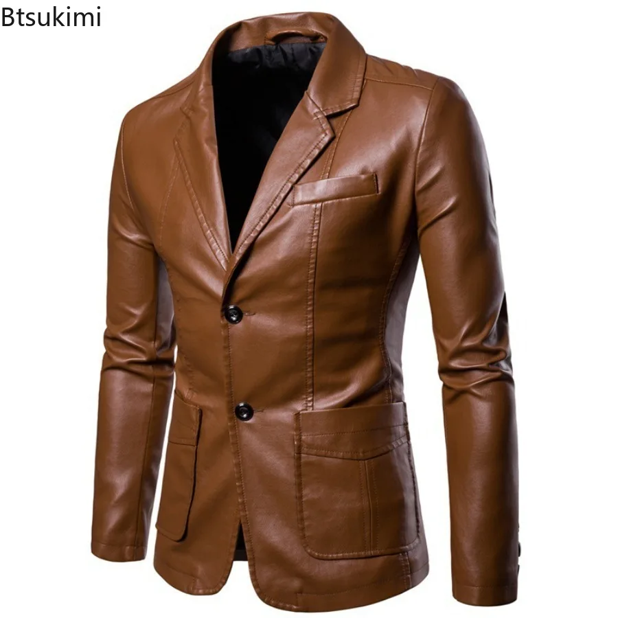 2025 Men's Business Casual Leather Jacket Fashion Slim Suit Collar PU Leather Coats Autumn New Vintage Streetwear Large Size 6XL