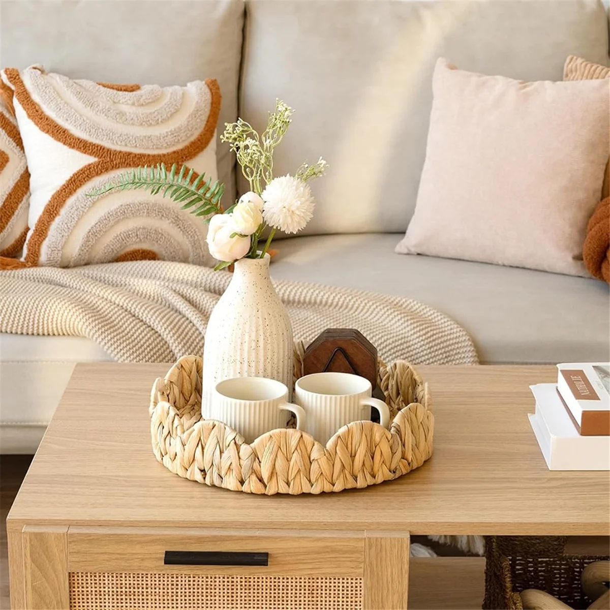

Scalloped Edge Round Tray, Round Serving Tray with Built-in Handles, Decoratve Tray for Coffee Table, Rattan Tray HOT