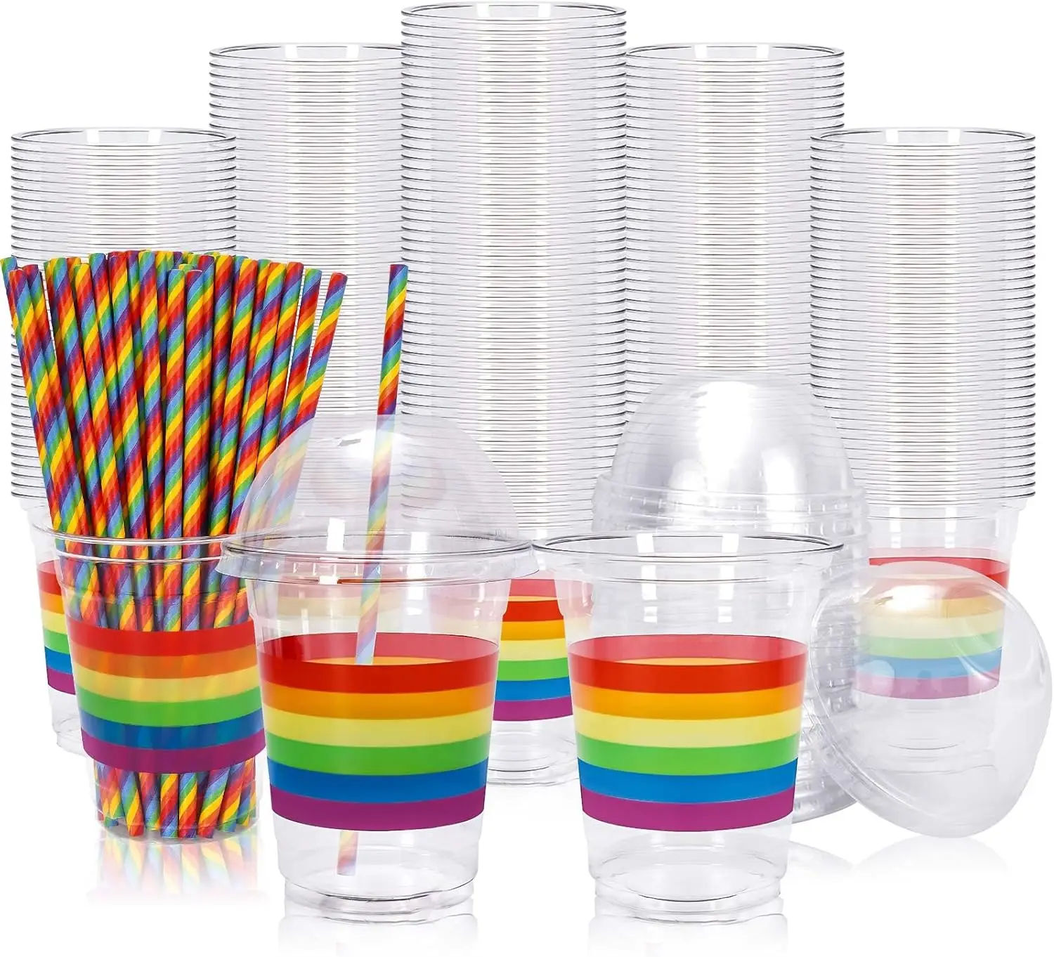 

50 Pack 12 Oz LGBTQ Plastic Cups with Dome Lids Paper Straws Rainbow Stripe Disposable Drinking Cups for Gay Pride Day P