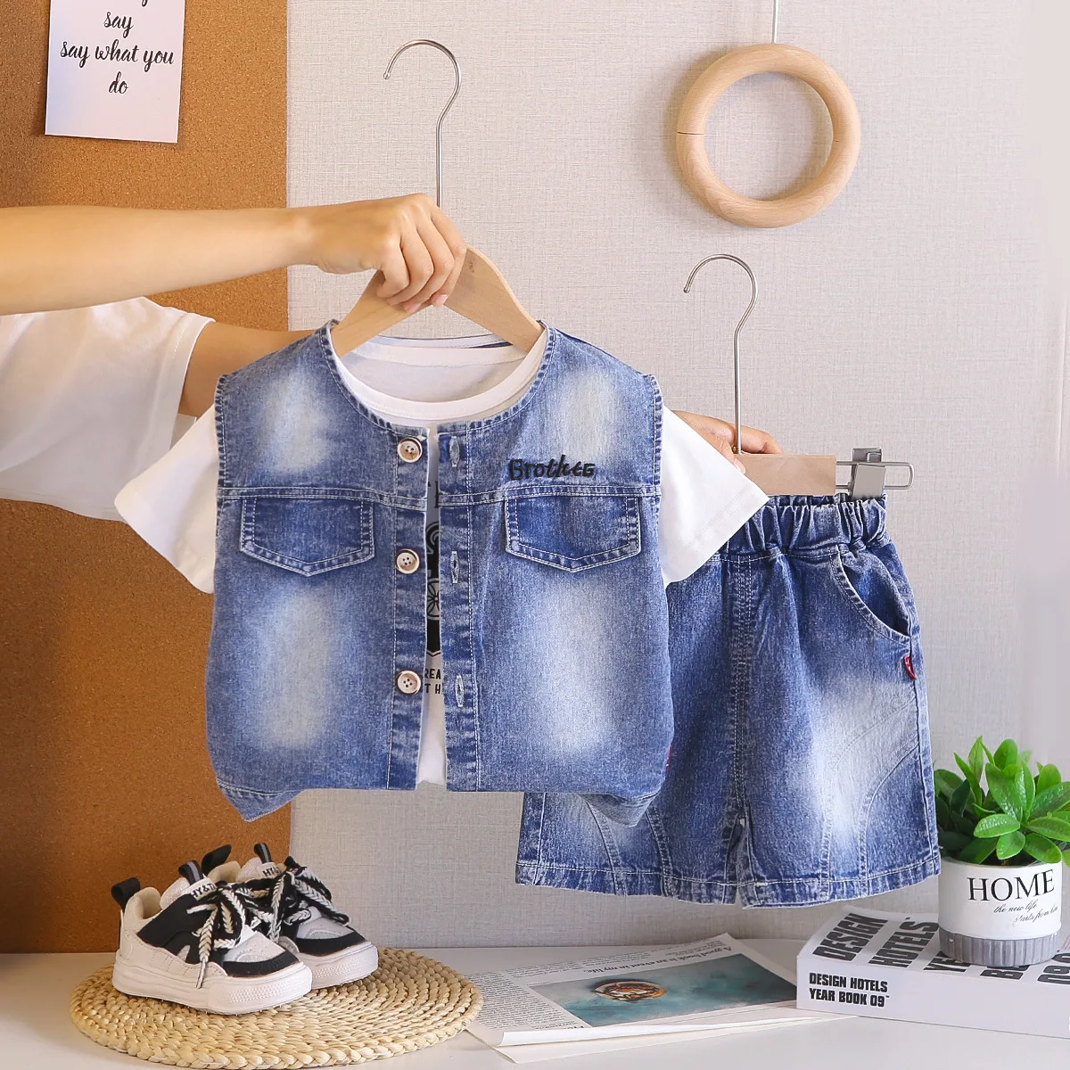 Children's Summer Suit 2026 Korean Embroidered Letter Denim Vest + White T-shirts + Shorts Three Piece Set New Baby Boys Outfits