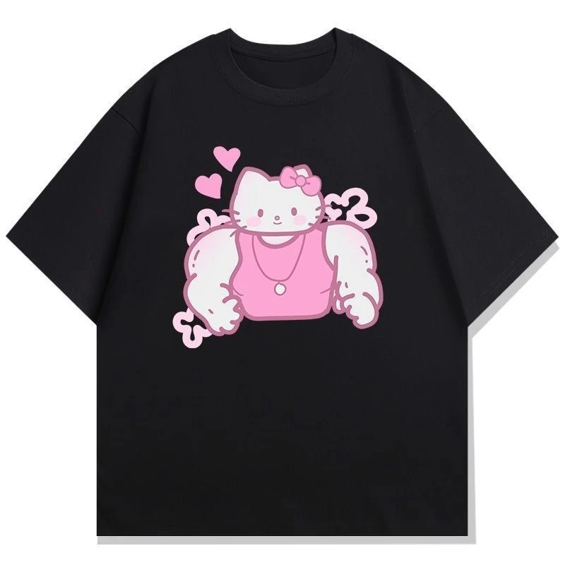 لطيف الوردي سانريو العضلات مرحبا كيتي تي شيرت الصيف الرجال والنساء حجم كبير فضفاض الاتجاه غير رسمي تنوعا قصيرة الأكمام #1