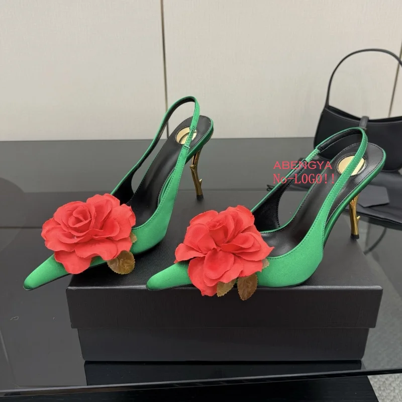 

Summer Sexy Satin High Heel Shoes Women Pointy Toe Flower Decor Slingbacks Shoes Designer Fashion Party Wedding Shoes For Women