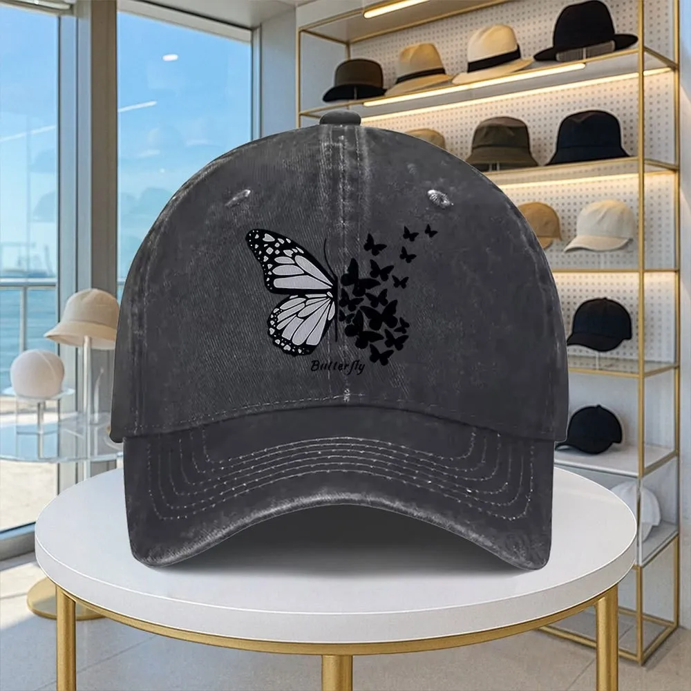 Butterfly Baseball Cap Washed Denim Print Adjustable Snapback Hat Retro Casual Sports Gift for Men Women
