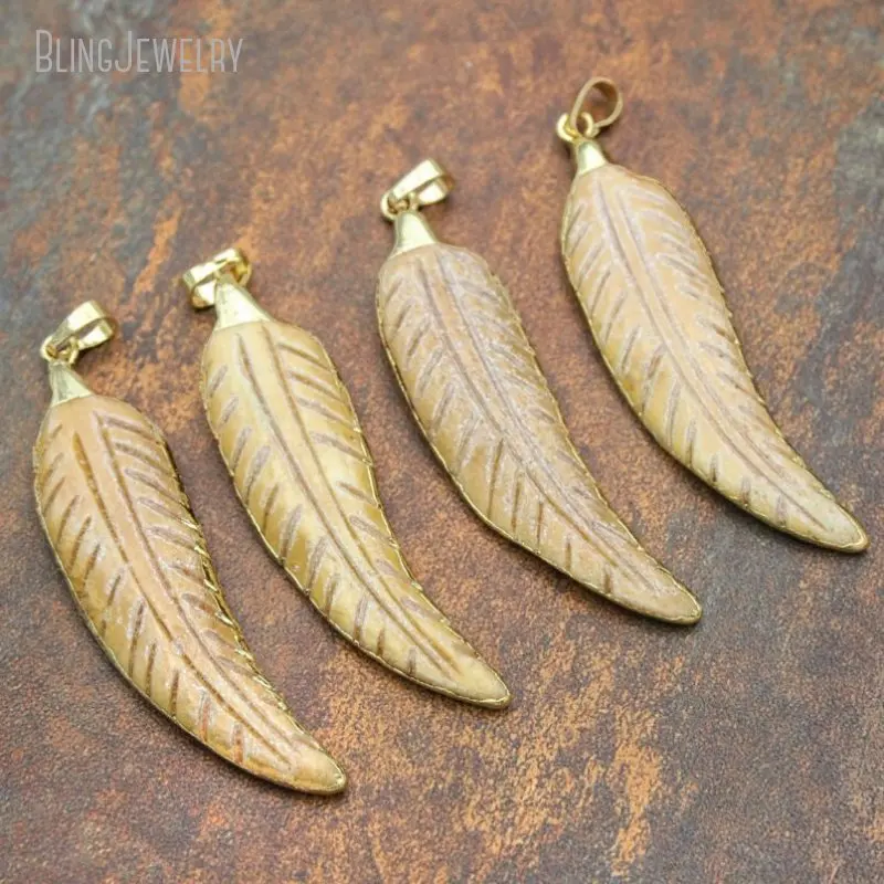 10pcs Tan Ox Bull Leaf Feather Pendant Keychain Bag Charm Bohemian Buffalo Bone Jewelry Making Supplies