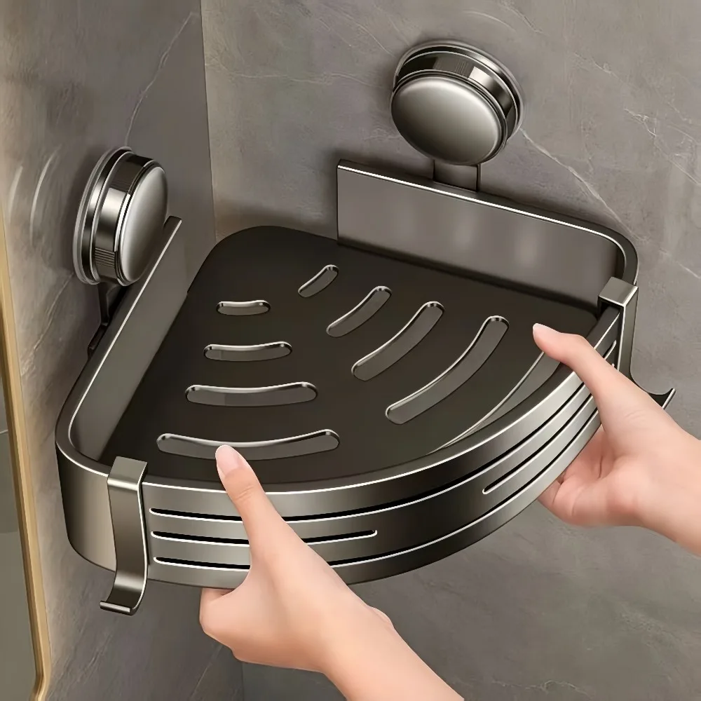 Space Saving Drill Free Suction Cup Bathroom Storage Rack Sturdy Triangular Corner Frame with Towel Hook Rod for Shower Room