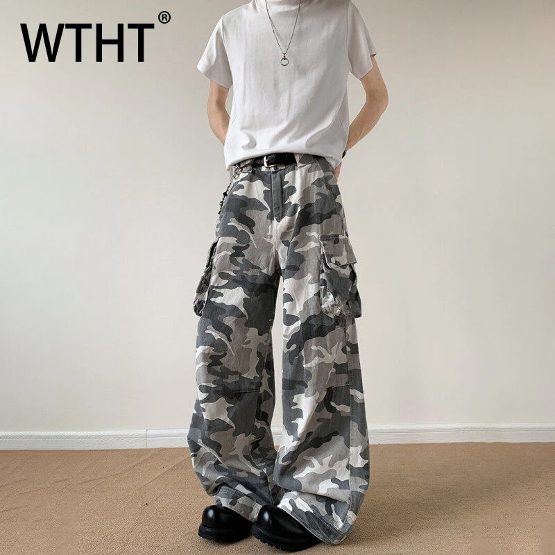 

WTHT Fashion Mern's Camouflage Spliced Pockets Denim Pants Trendy American Style High-waisted Jeans Male 2025 Summer 2A1234