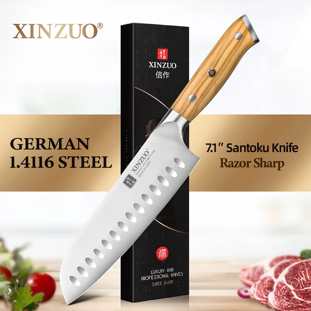 

XINZUO Stainless Slicing Knife 7.1 Inches Santoku Knife German 1.4116 Steel With Ergonomic Olive Handle With Exquisite Gift Box