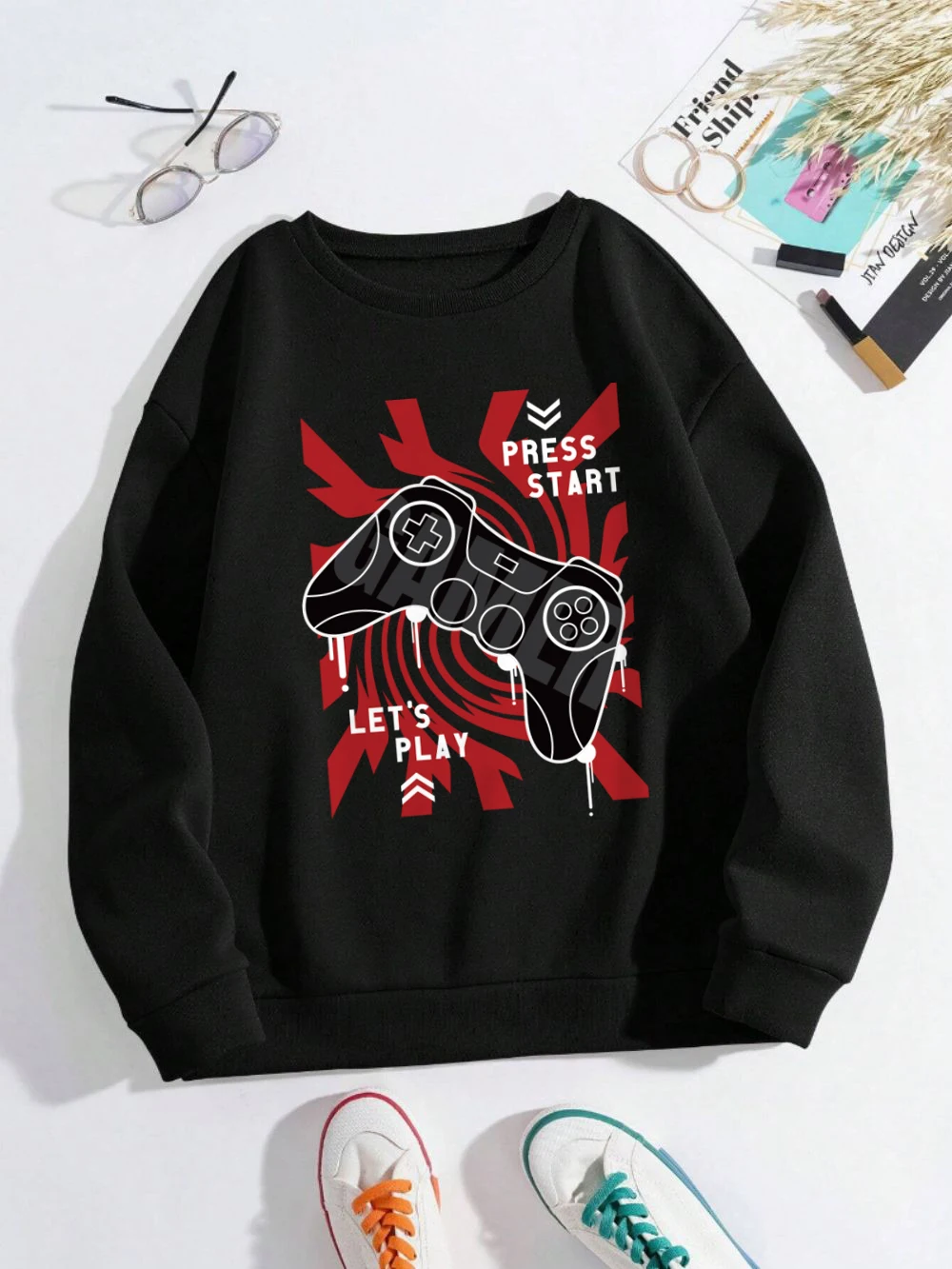 Gamepad Sweatshirts Women Press Start Let'S Play Prints Hoodies Fleece Warm Crewneck Loose Pullover Winter Sporty Female Tops