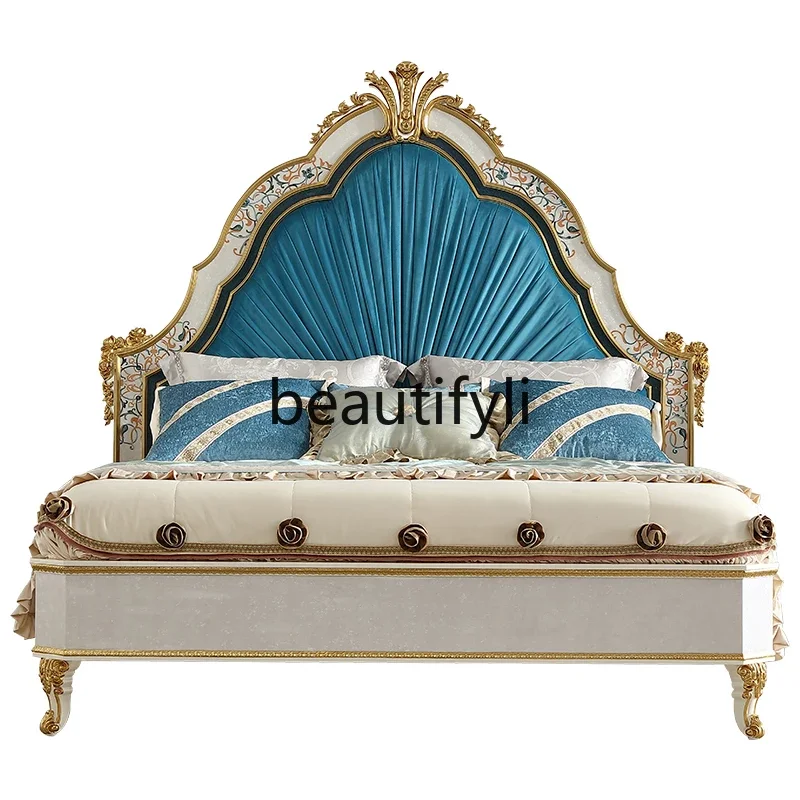

French shell parquet luxury double bed 1.8M fabric solid wood bed high-end