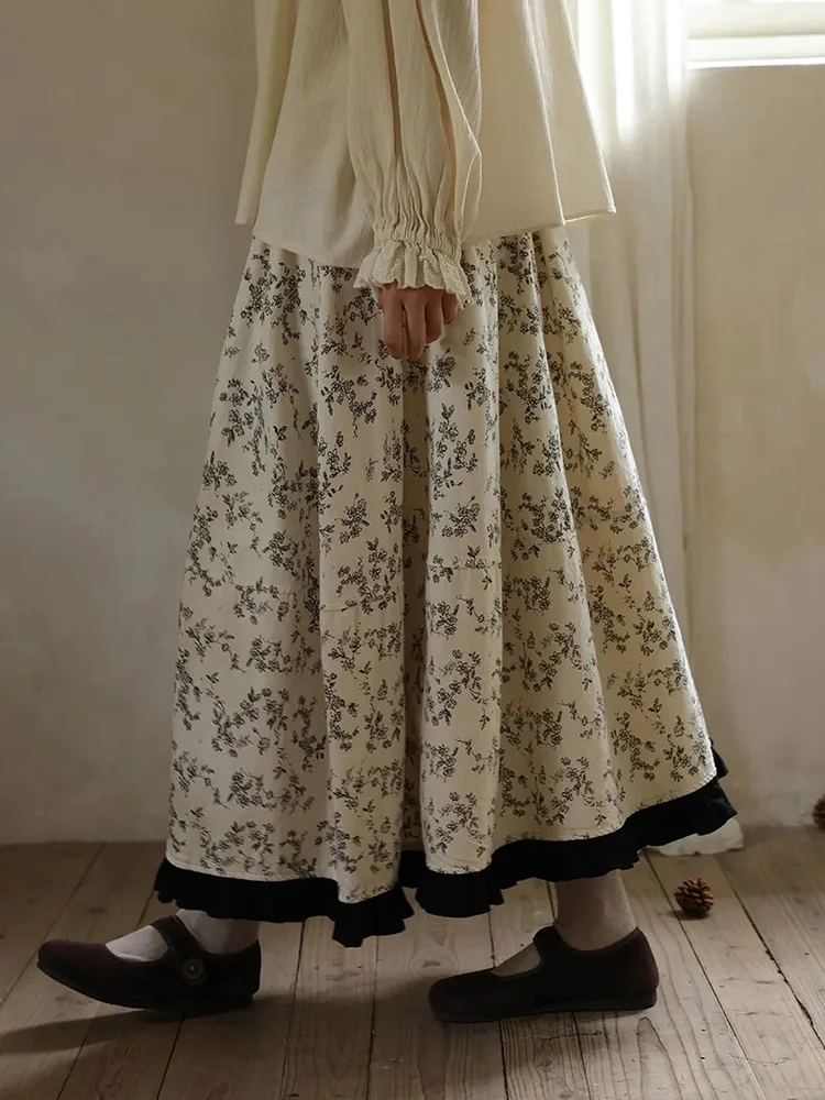

Длинная юбка в винтажном стиле с цветочным принтом, женская, с завышенной талией, в стиле преппи, А-силуэт, ретро, весенняя, повседневная, свободная, в японском стиле