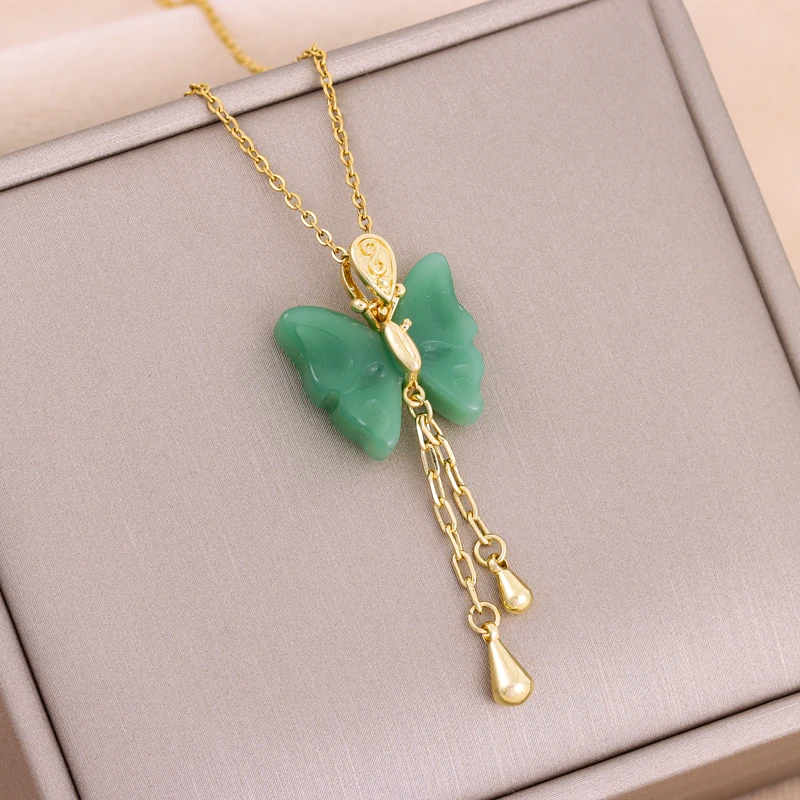 Vintage Elegante Grüne Schmetterling Anhänger Halsketten Für Frauen Trendy Weibliche Quasten Hals Kette Schmuck Damen Party Zubehör