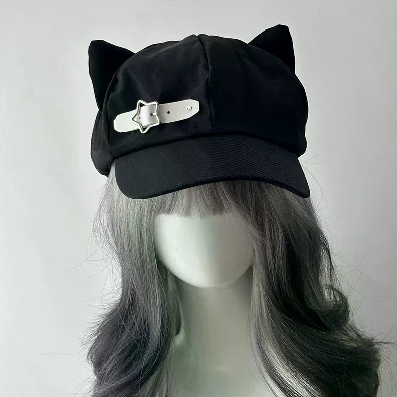 Y2k Hat Punk Harajuku Gothic Women's Cat's Ears Lolita Beret Girls' Steampunk Zipper Handmade Sun Cap