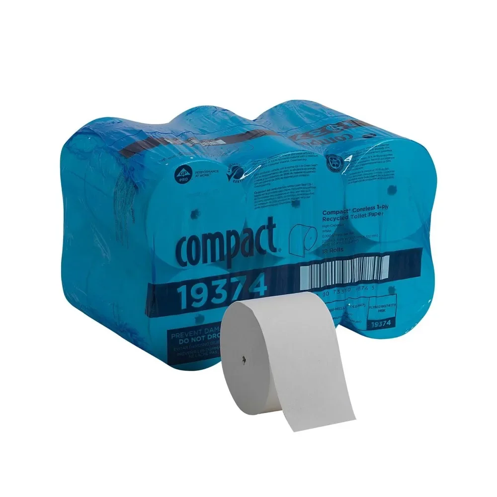 Compact Coreless 1-Ply Recycled Toilet Paper by GP PRO  3,000 Sheets Per Roll, 18 Rolls Per Case