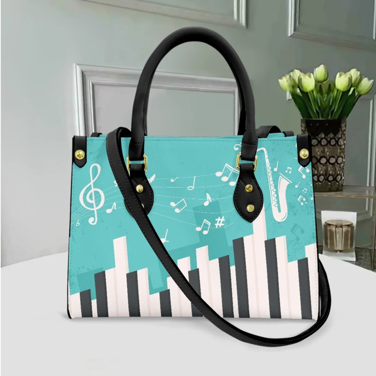 Piano Note tas tangan wanita desain mewah tas selempang kulit PU pegangan atas mode kapasitas besar Totes luar ruangan dompet koin