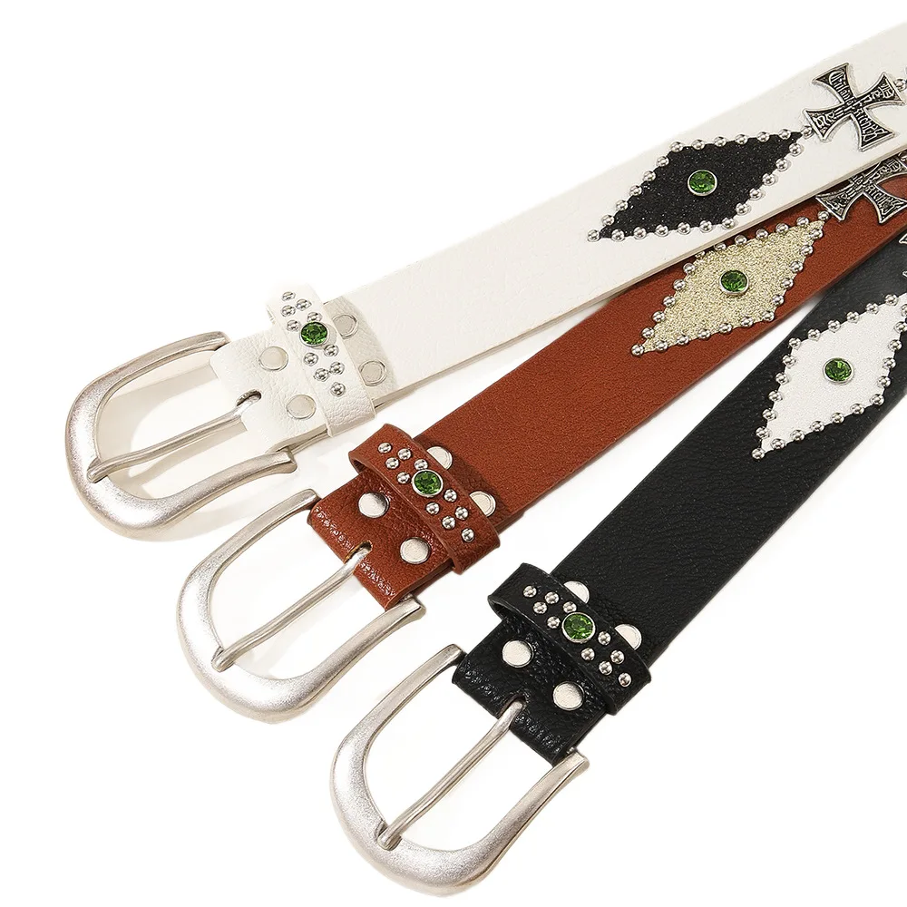 حزام ترتر من حجر الراين على الموضة، إكسسوار جينز نسائي برشام ذو شخصية متقاطعة كلاسيكية، حزام بإبزيم بإبرة مصممة