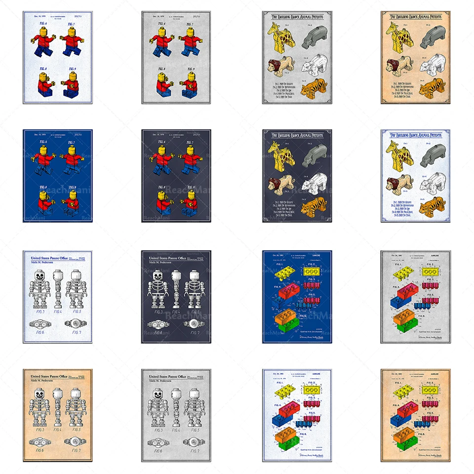 

Toy building blocks animals, skeletons, dolls patent color prints, children's room nursery decoration canvas print poster