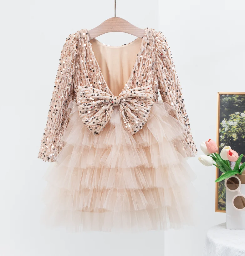 

Розничная продажа, новое бутиковое платье с блестками и сетчатым бантом на спине для маленьких девочек, милое детское платье принцессы, От 2 до 6 лет