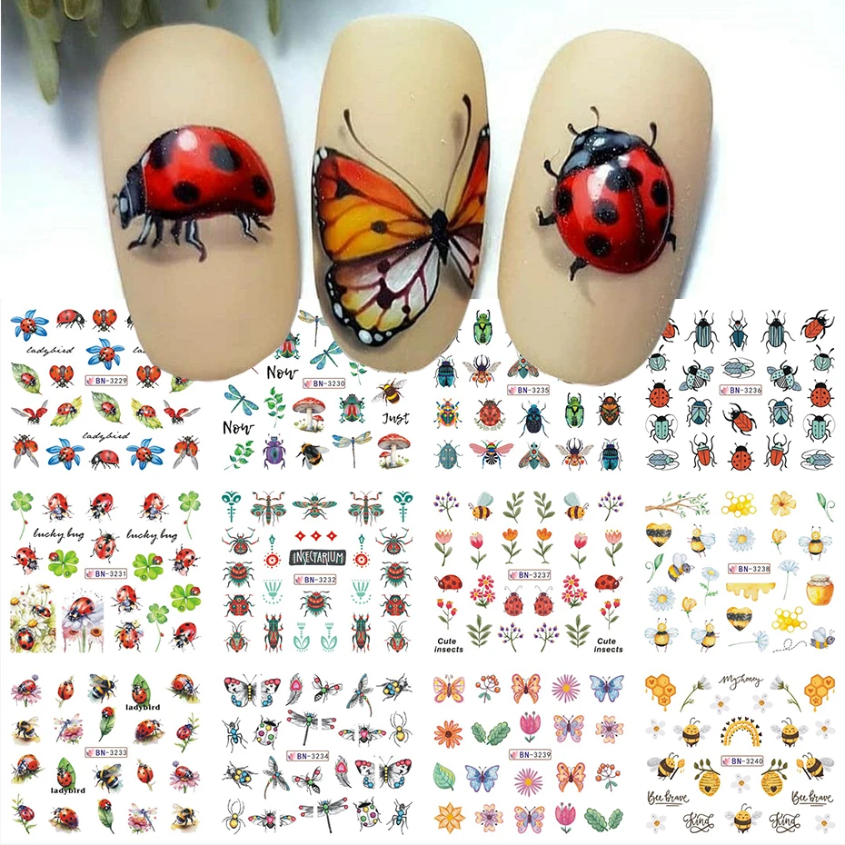 12 Designs süße Insekten-Nagelaufkleber – selbstklebende Kawaii-Schmetterlinge, Marienkäfer, Wassertransfer-Schieber, DIY-Maniküre-Abziehbilder