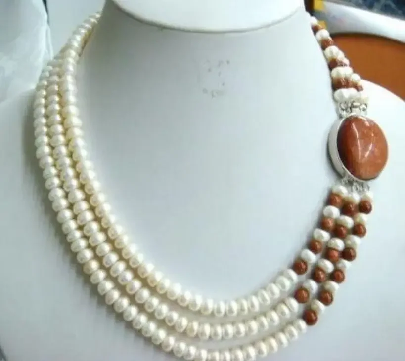 New charming 3 row white chocolate pearl necklace