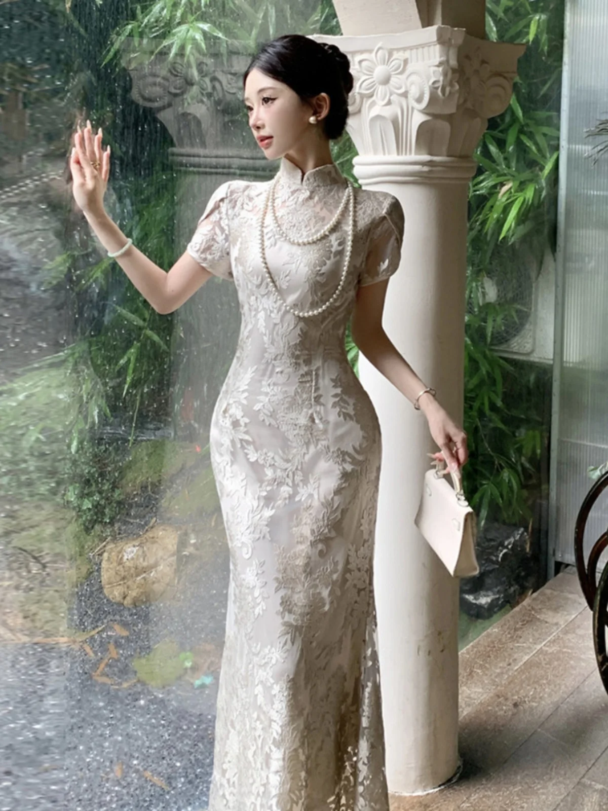 Retro neo-chinês y2k gola renda emendada bodycone sereia vestido elegante high-end socialite senhora vestido verão na moda outfit