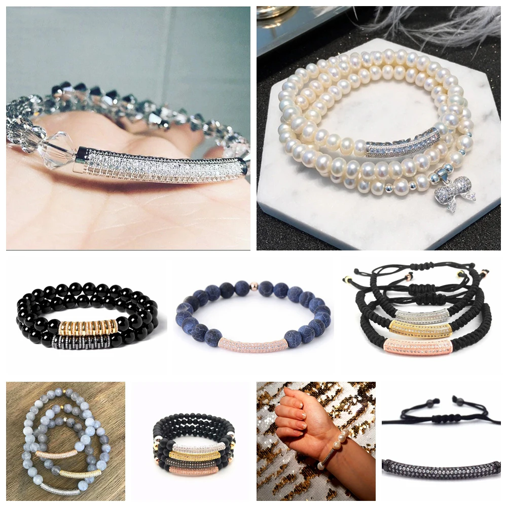 Juya 18K Plated Zircon Copper Decorative Separator Charms Curved Tubes Beads For DIY Natural Stones Gems Pearls Jewelry Making