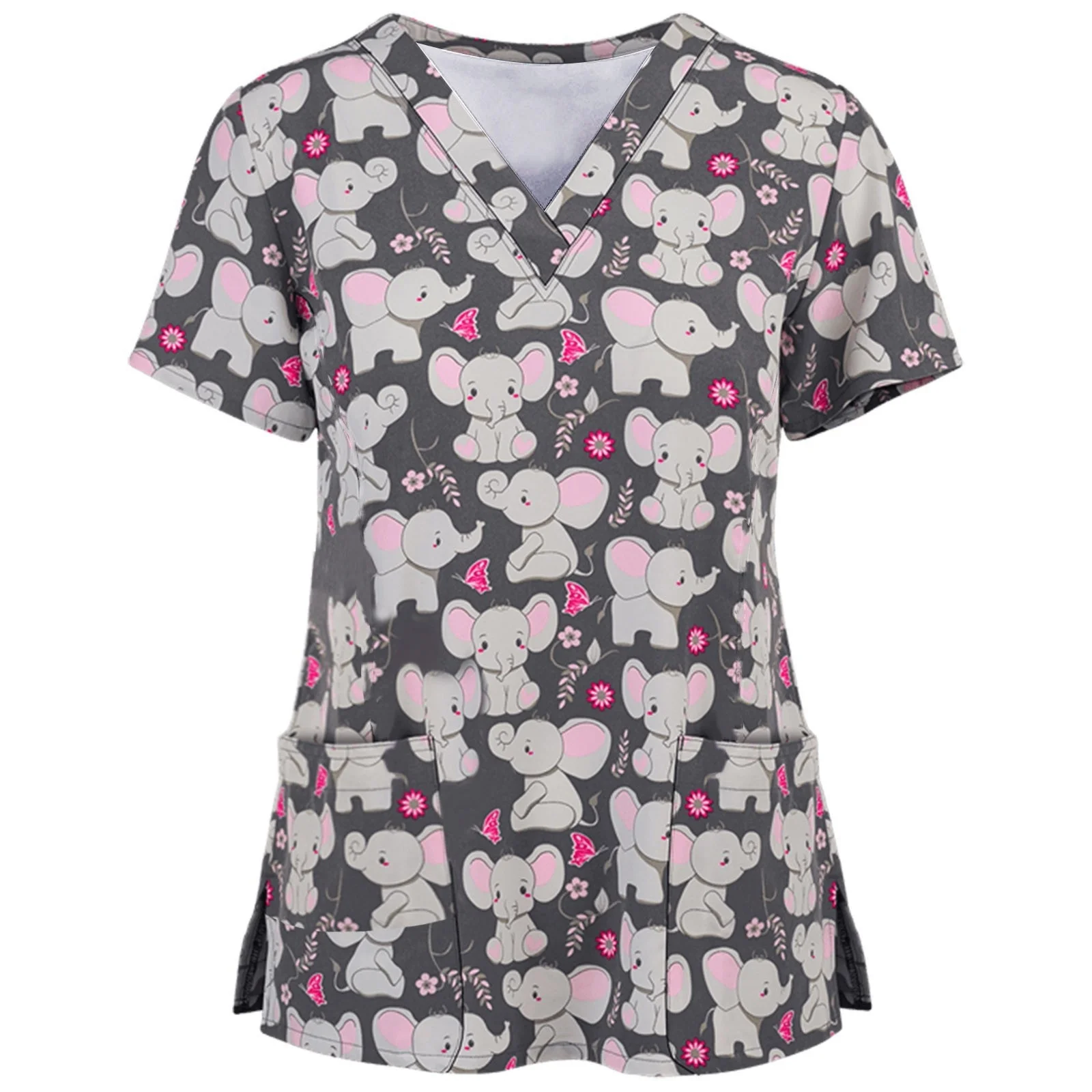 Women Working Uniform Animal Print Cartoon Cat Dog Short Sleeve V-neck Tops Femme Blouse Nurse work wear Medical Uniforms Nurse