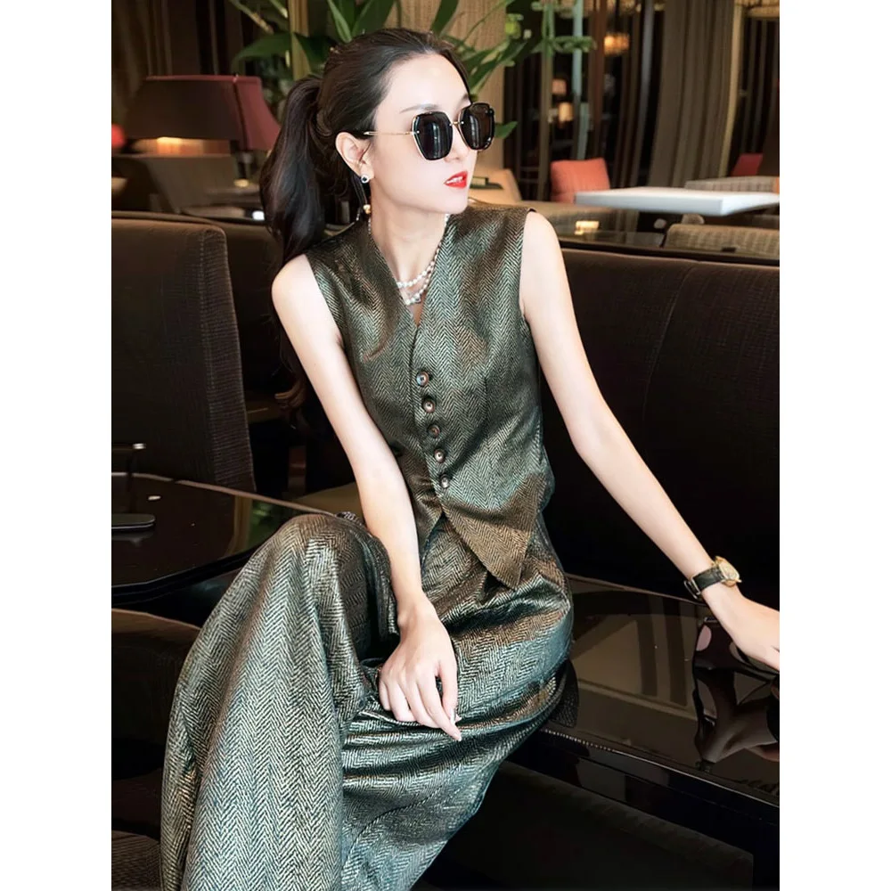 Summer Socialite Women's High-end Commuting Suit High-end Sense Vest Wide Leg Pants Two-piece Set