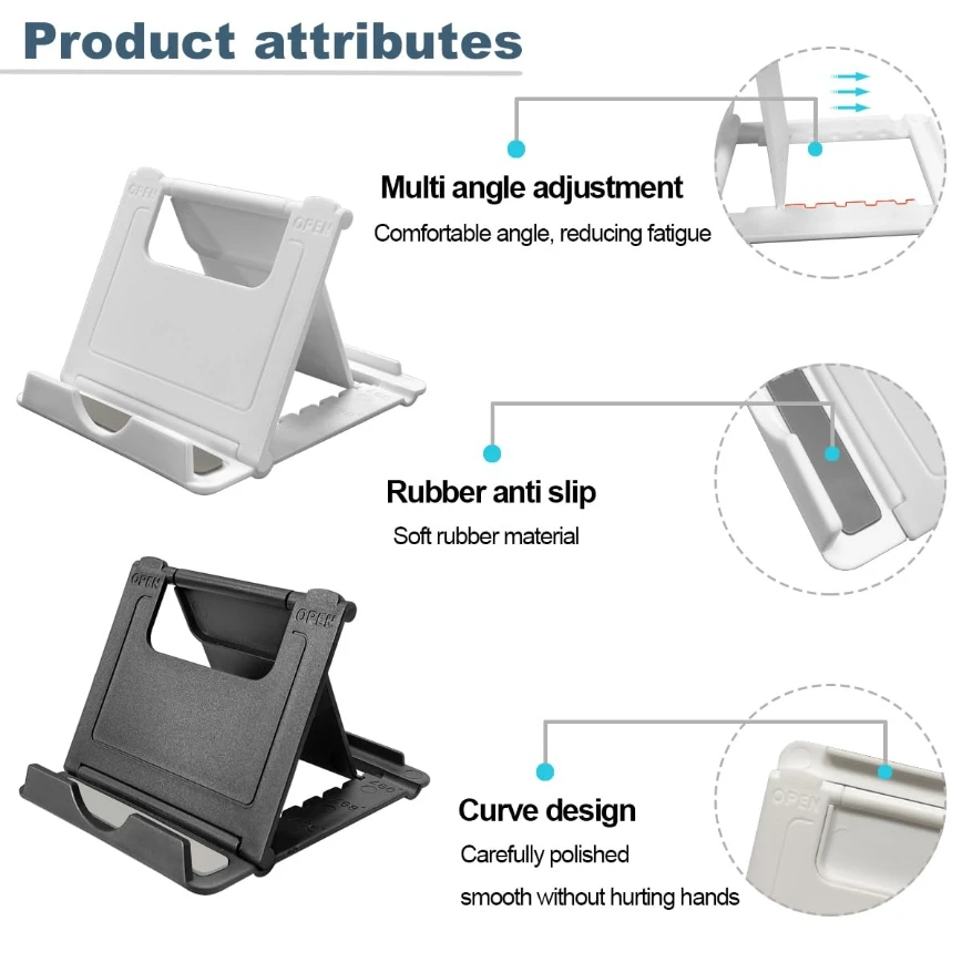 Portable Cell Phone Stand Holder for Desk, Foldable Pocket-Sized Mount, Universal Adjustable Desktop Mobile Phone Kickstand