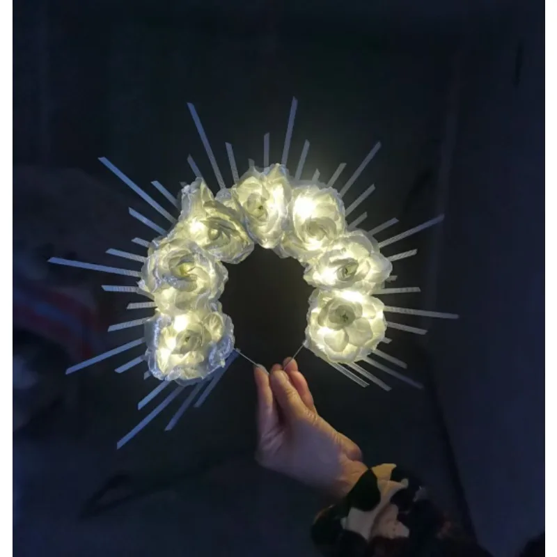 

LED Light Up Gold Rose Sunburst Halo Headband, Spiked Flower Crown, Glowing Sacred Accessory for Bridal Wedding & Halloween