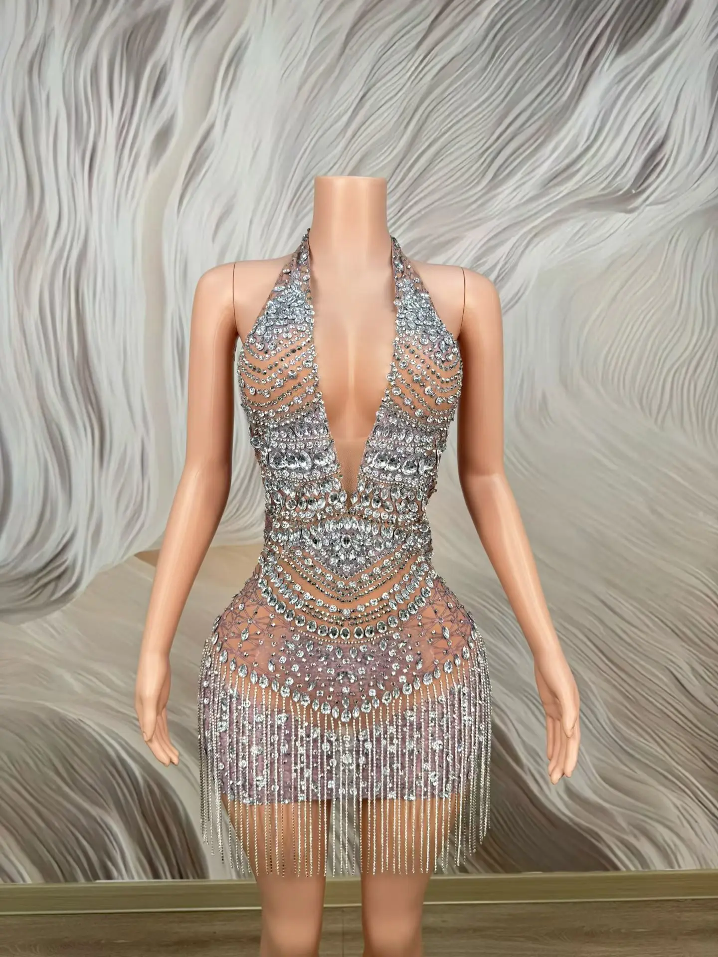 Jiaoshi Sexy Women Backless Prom Gowns Silver Diamond V-neck Tassel Dress Bar Stage Performance Outfit Birthday Cocktail Dress