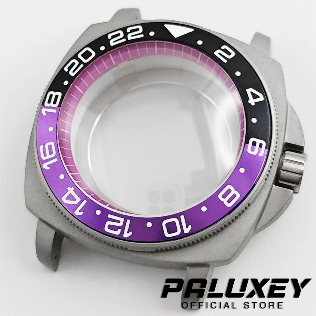 42mm Black Purple GMT Bezel Square Matte Diving Watch Case DIY Mod Watch for NH34 NH35 NH36 NH38 NH70 Movement Fits 28.5mm Dial