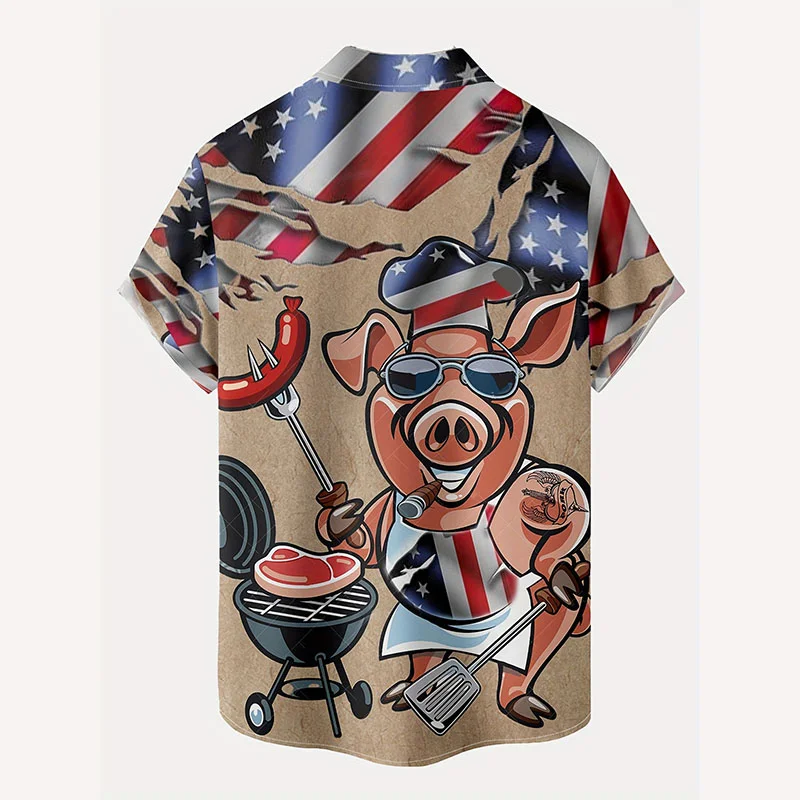 

American Flag Funny Bbq Pig 3d Print Shirt Hawaiian Casual Shirts Plus Size Men's Lapel Collar Short Sleeve Summer Clothing