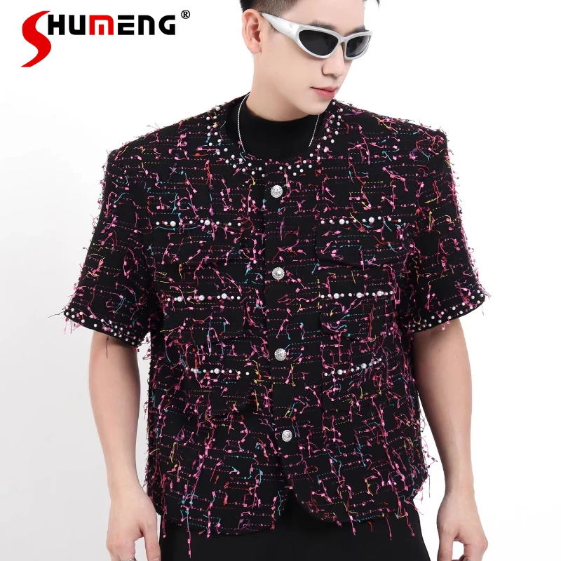 

Men's 2025 Summer New Small Fragrant Tops Tassels Short-sleeve Jackets Men's Niche Design Beaded Loose Fashion Versatile Coats