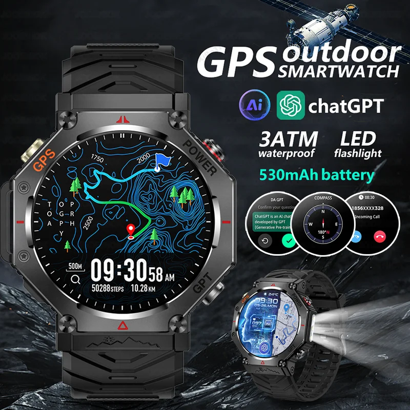

2025Новые умные часы ChatGPT с искусственным интеллектом, 3 атм, водонепроницаемые, с GPS, встроенным двухдиапазонным компасом GNSS, военные спортивные умные часы для мужчин и женщин