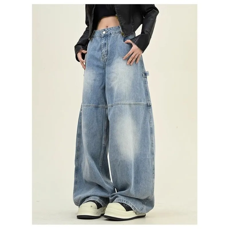 Deeptown Y2k Blue Letter Print Women Cargo Jeans Harajuku Scimitar Pocket American Retro Washed Denim Pants Baggy Hip Hop Casual