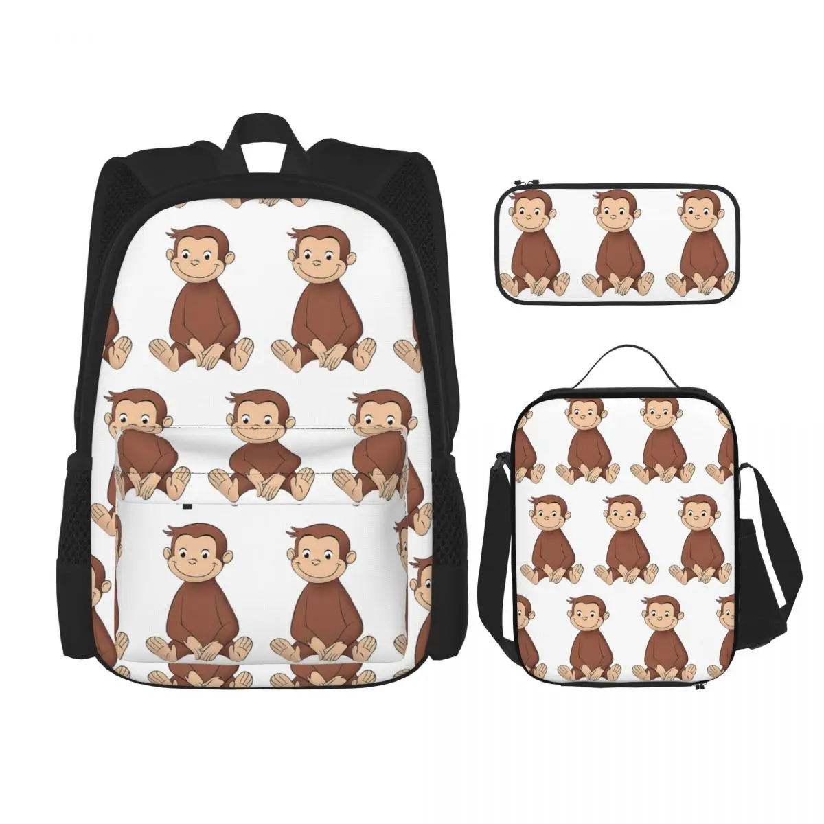 

Curious George Backpacks Boys Girls Bookbag School Bags Rucksack Lunch Bag Pen Bag Three-Piece Set