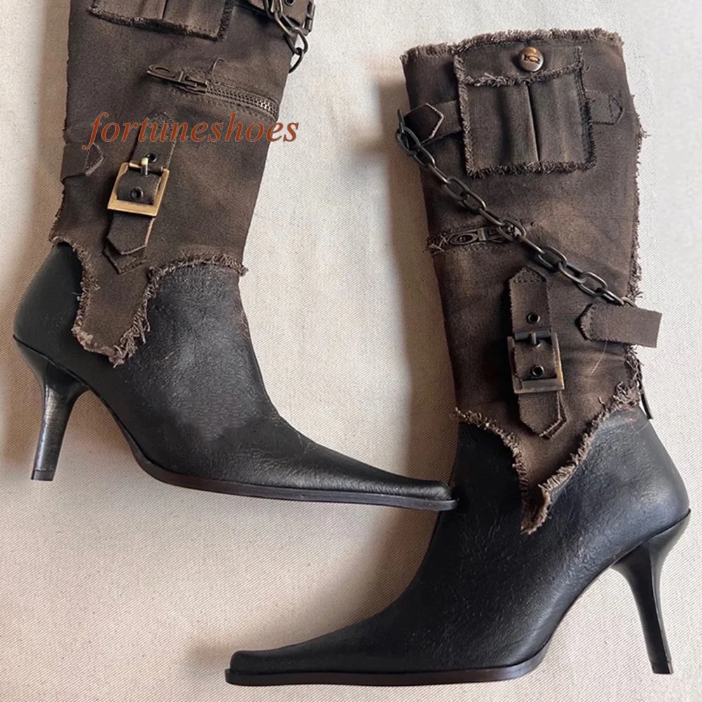 

Stiletto Heel Pointed Toe Women Boots Denim Removable High Top Belt Buckle Knee High Boots Solid Brown Fashion 2024 Newest Pumps