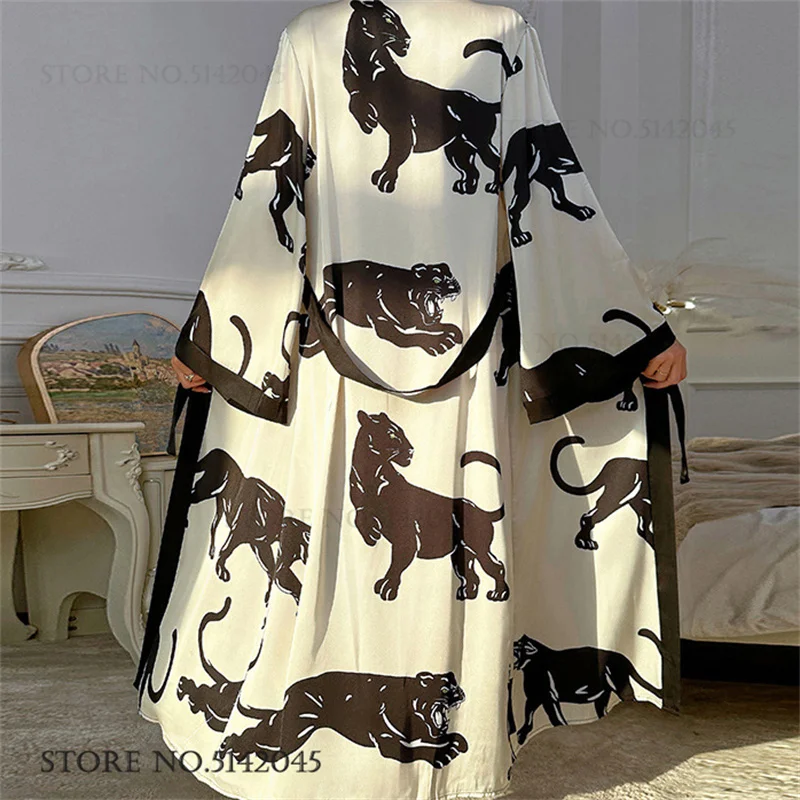 Women Silk Satin Long Robe Loungewear Print Cartoon Leopard Cat Kimono Bathrobe Gown Loose Casual Sleepwear Home Dress Nightgown image 6