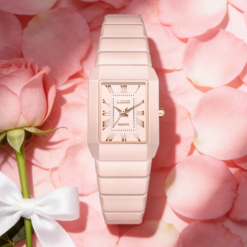 

LIGE Роскошные модные элегантные женские часы, керамические кварцевые женские часы, женские розовые часы для женщин, водонепроницаемые часы-браслет
