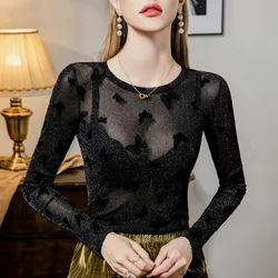 #4257 Black Office Skinny T Shirt Women Butterfly Flocking Skinny T Shirt Long Sleeve Vintage Streetwear Short Tshirt Female