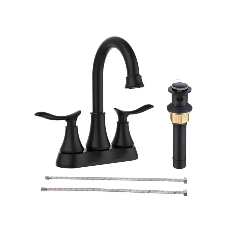 

4-Inch Matte Black Bathroom Faucet with Pop-up Drain & Supply Hoses for Vanity Sink Installation