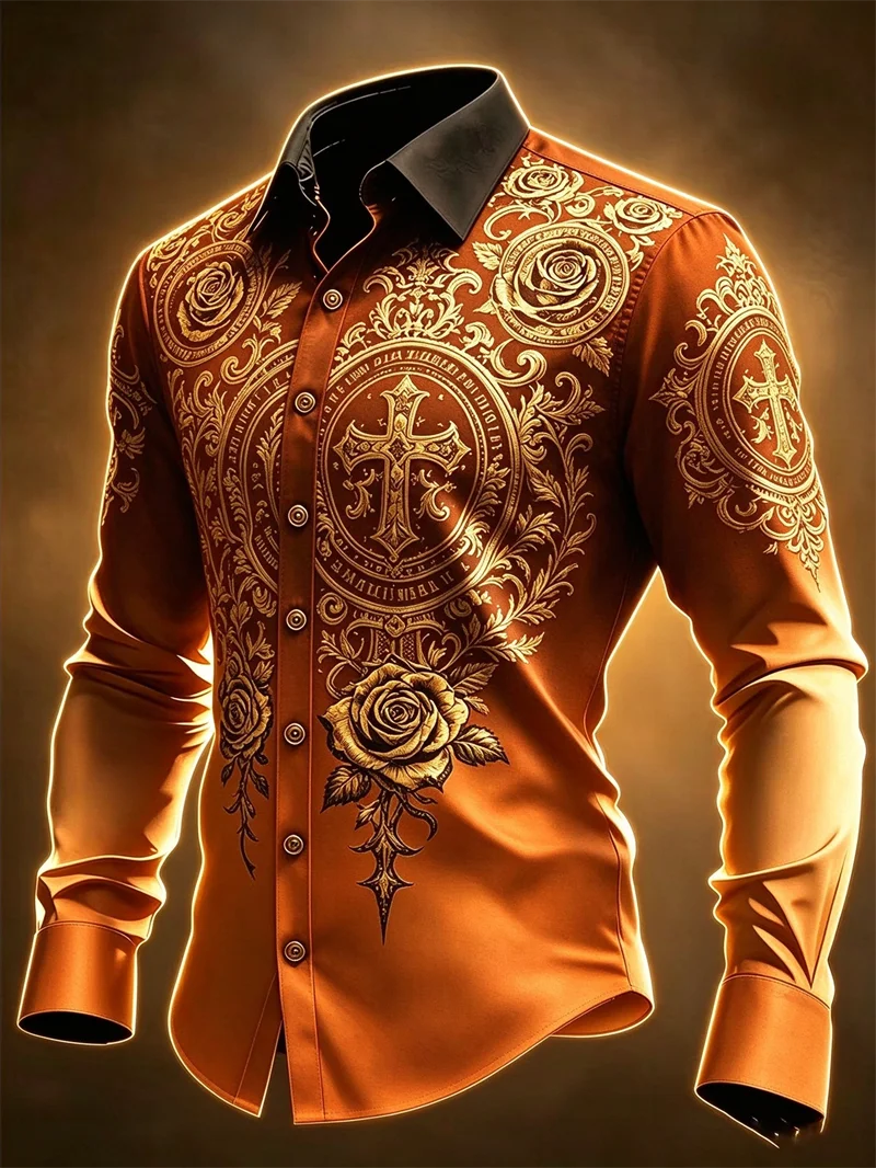 New Men's Shirt Black Bottom Gold Red Spiral Curled Grass Pattern Hot Stamping Print Slimming Party Shirt