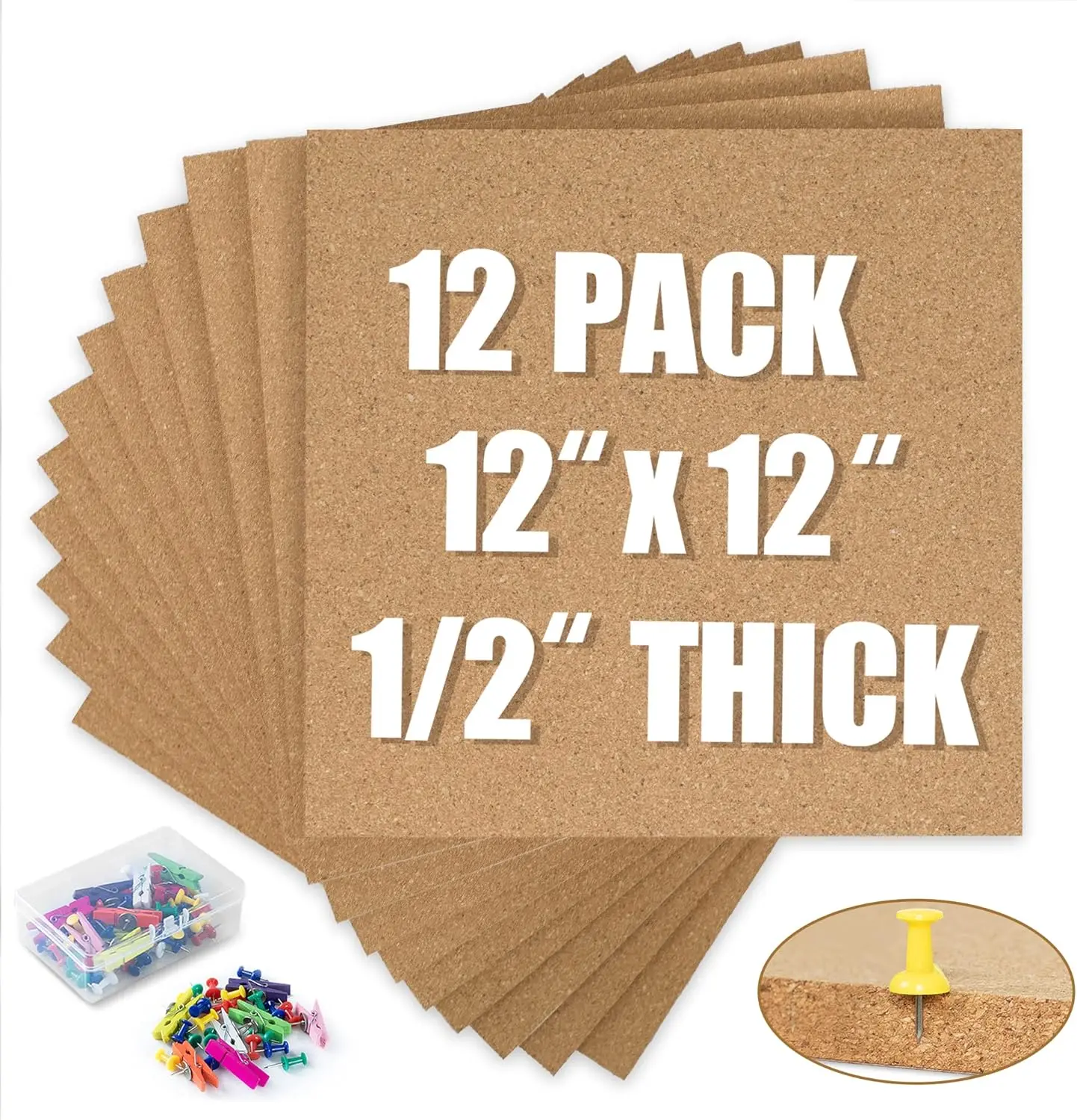 

12x12 Cork Board Tiles 12 Pack, Self Adhesive Pin Boards with 120 Push Pins and 20 Wood Clips for Home School Office