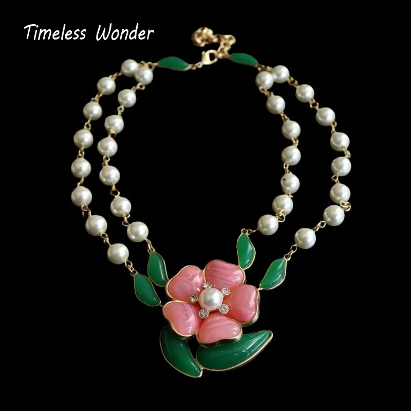 

Timeless Wonder Fancy Enamel Floral Glass Pearl Pave Necklace Women Designer Jewelry Sweet Top Rare Classy Trendy Gift 4612