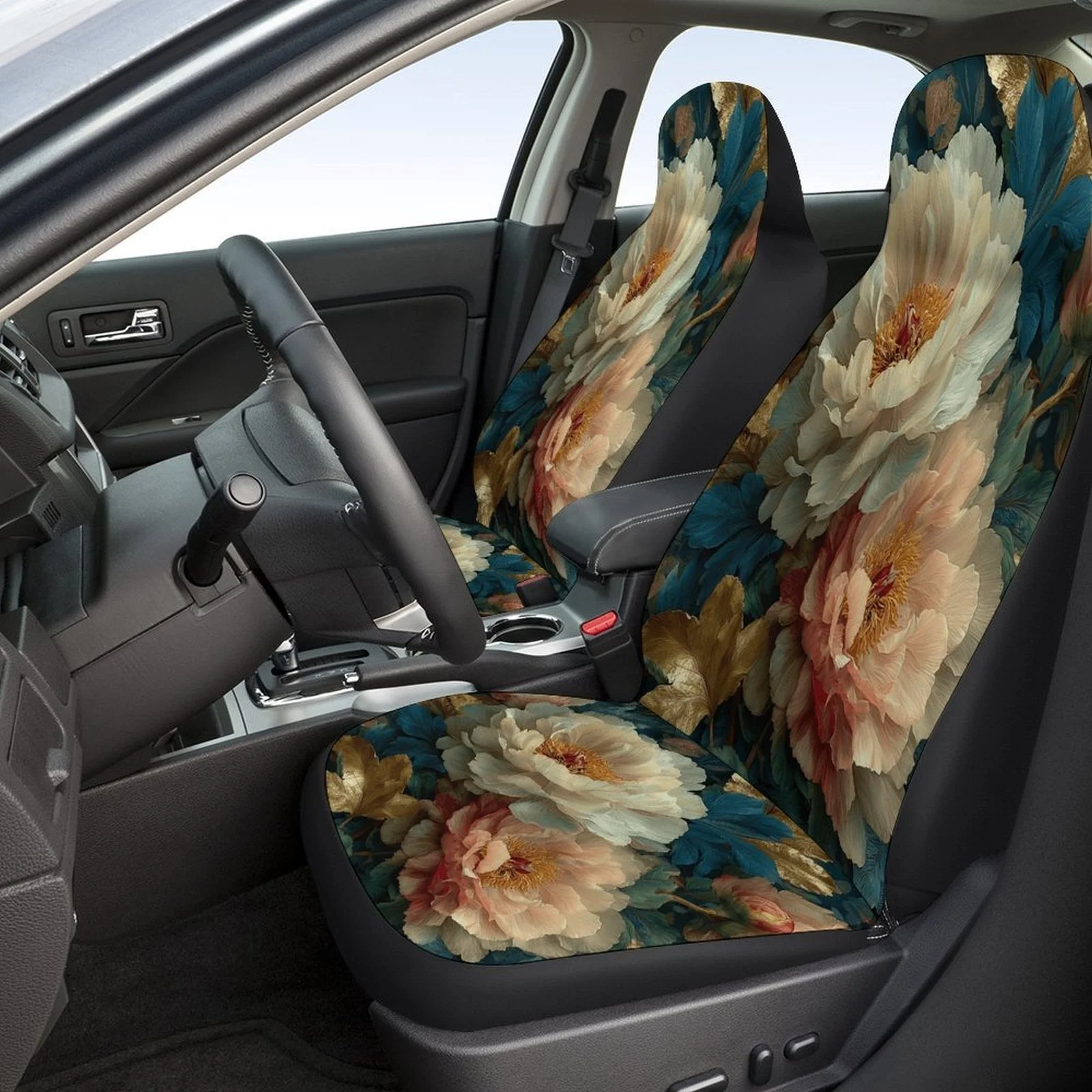 Set Of Car Seat Covers Featuring Peony Blossoms, Suitable For A Variety Of Vehicles. Stylish And Unique, This Complete Set Inclu