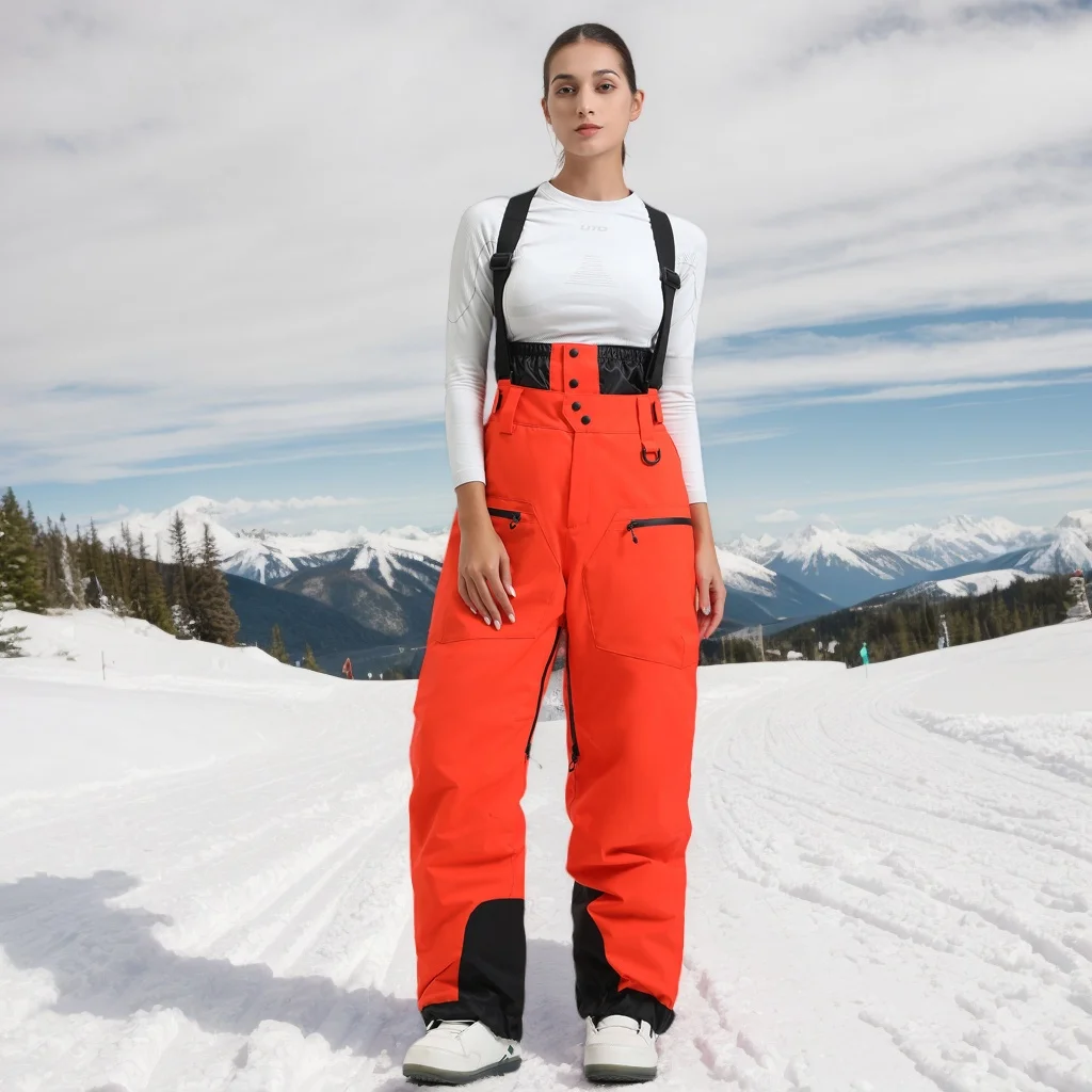 Новые лыжные брюки, женские уличные брюки с ремешком, теплые двухбортные ветрозащитные водонепроницаемые зимние спортивные брюки для отдыха, свободные зимние брюки с большими карманами