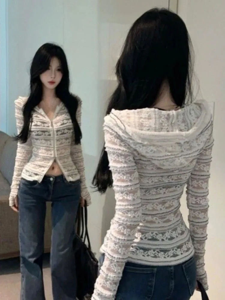 

Fashion Lace Jacquard Hooded Blouses 2025 Blusas Mujer De Dual Zippers Shirts Korean Slim Fit Y2k See Through Women Clothes