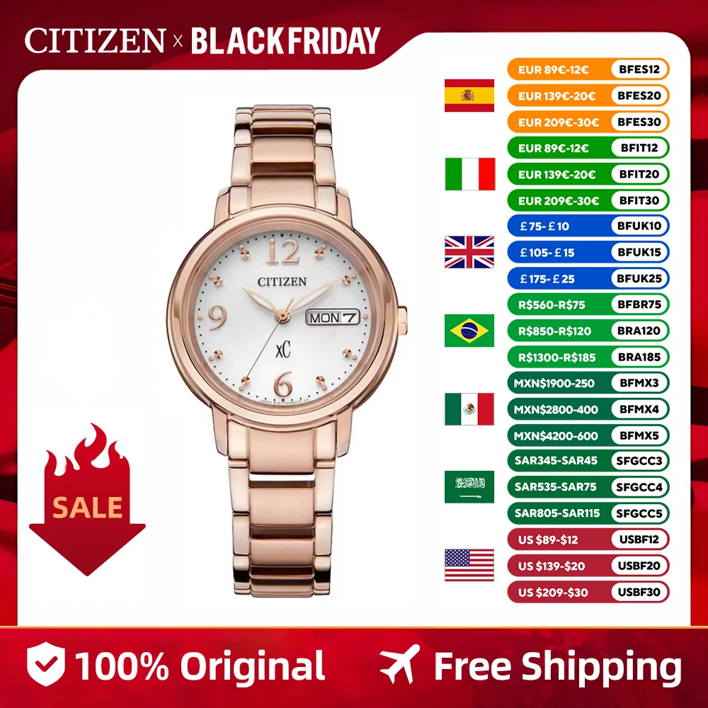 CITIZEN Eco-Drive XC Series Week Date Display Fashion Simple Women's Watch Stainless Steel Date Week EW2420-00AB